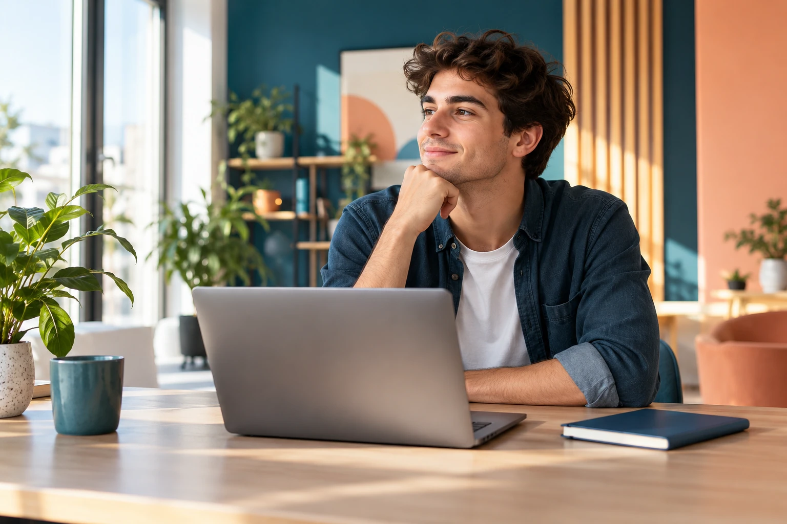 Jeune homme souriant pensif assis devant un ordinateur portable dans un bureau lumineux