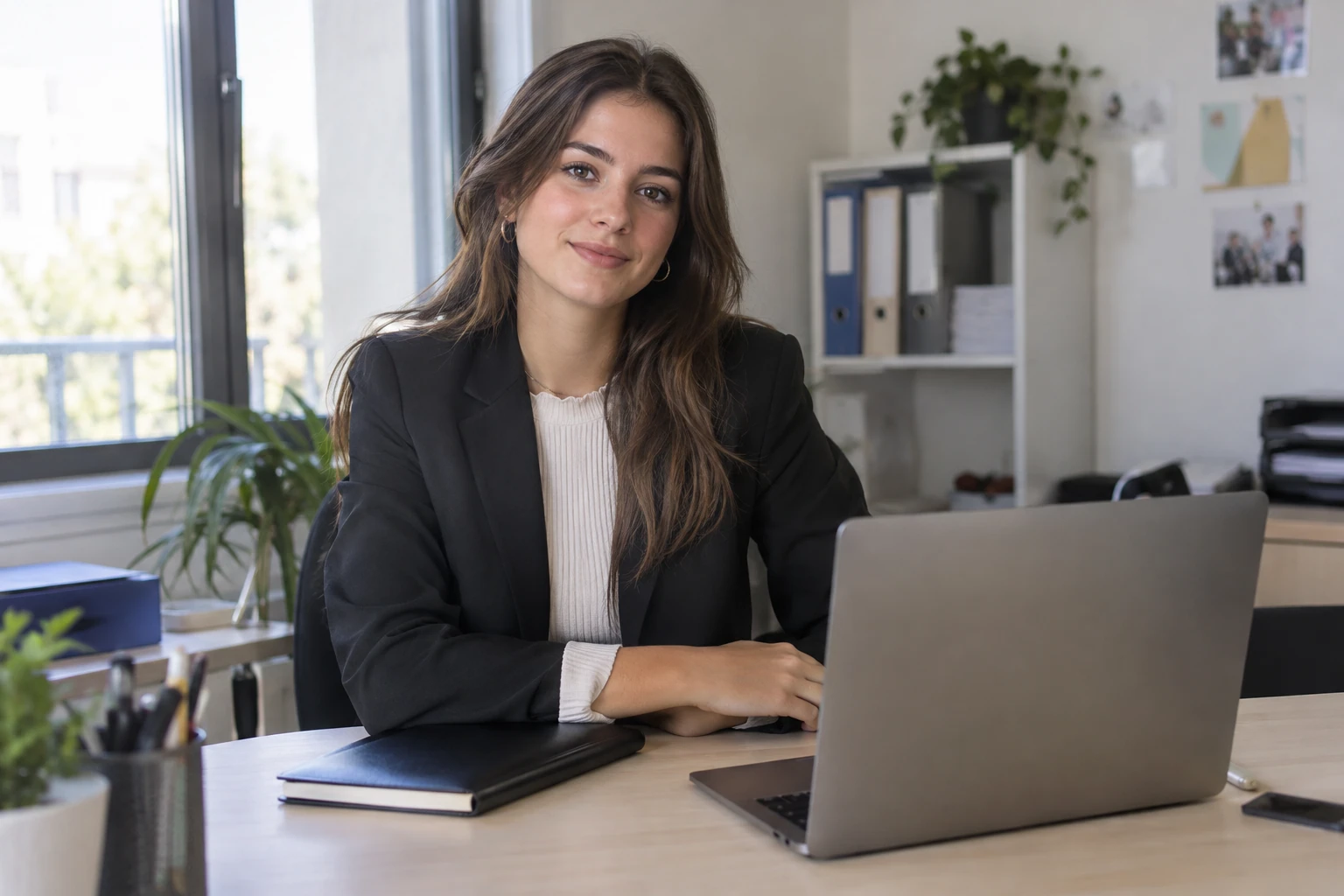Jeune femme souriante en tailleur devant un ordinateur portable dans un bureau lumineux