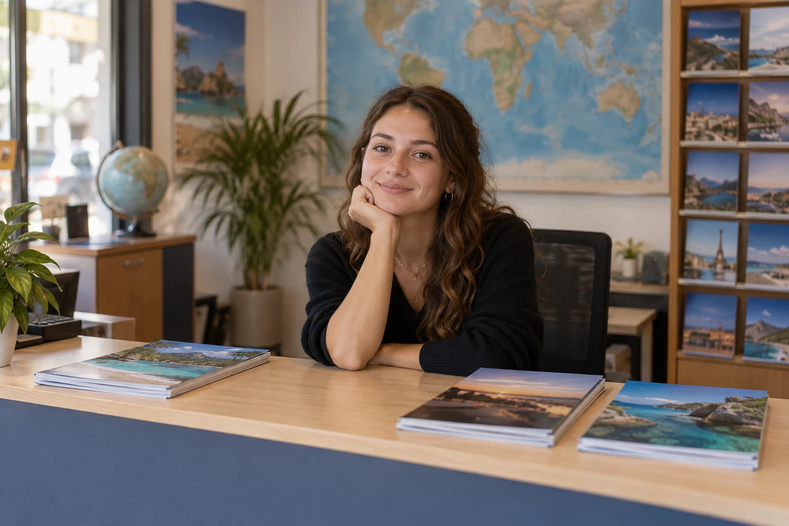Conseillère souriante appuyée sur un comptoir avec brochures de voyages et carte-monde