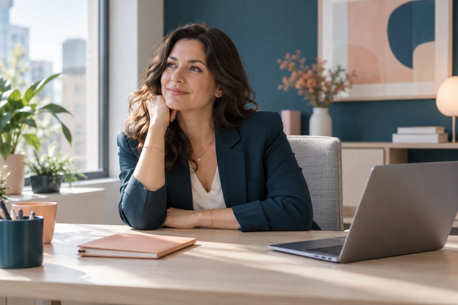 Femme souriante pensant au bureau, carnet ouvert et ordinateur portable devant elle
