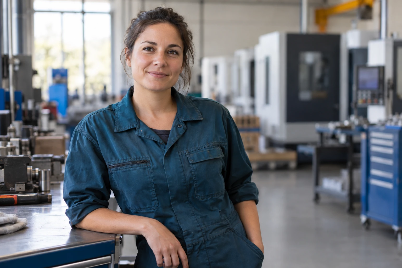 Femme en combinaison de travail bleue, souriante, appuyée sur un établi dans un atelier industriel