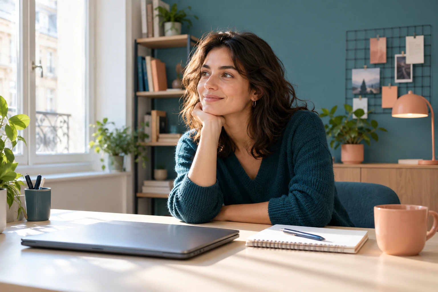Jeune femme souriante regardant par la fenêtre, bureau avec ordinateur et carnet